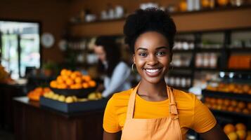 AI generated Smiling young black female supermarket worker on blurred white background with copy space photo