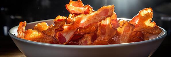 AI generated Crispy bacon strips background. Delicious fried pork banner. Tasty snack concept for cooking blogs. photo