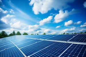 AI generated Renewable energy. Solar panels harnessing sustainable power against a serene vibrant blue sky photo