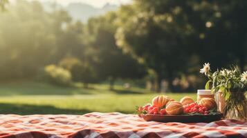 ai generado verano picnic en natural ajuste con Copiar espacio para texto y relajante al aire libre ambiente foto