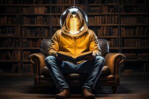AI generated Man reading book with illuminated light bulb above - concept of idea and inspiration photo