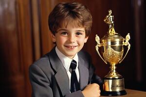 ai generado emocionado preadolescente chico triunfantemente participación un campeón taza, radiante felicidad y orgullo foto