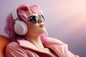 ai generado pelo rosado niña disfrutando música en elegante auriculares, Perfecto para gráfico diseño y más foto