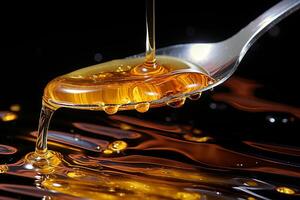 AI generated Honey pouring onto spoon, natural organic sweetness dripping, healthy golden liquid photo