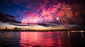 AI generated Medium shot of city skyline silhouette with vibrant fireworks bursting in the night sky photo