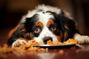 AI generated Funny golden retriever relaxing next to shiny silver food bowl, adorable pet image photo