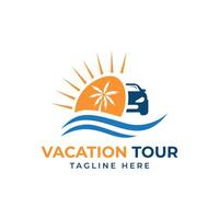 Vacation tour car beach palm tree logo design vector template