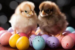 AI generated Colorful easter eggs and chickens on festive farm background for seasonal celebrations and decor photo