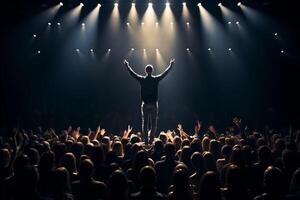 AI generated Dynamic artist captivating audience on stage, holding microphone, perfect for adding meaningful text photo