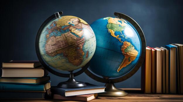 AI generated Cultural diversity. Globe with books, copy space, various cultures, blurred background photo