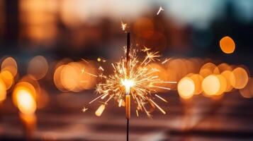 AI generated Burning sparkler on blurred night background with space for festive celebration text photo