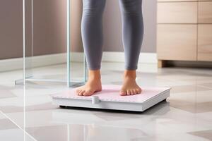 AI generated Precise weight measurement. close-up of feet on bathroom scales for accurate health tracking photo