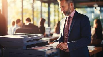 AI generated Businessman printing papers on laser printer in modern office with white background photo