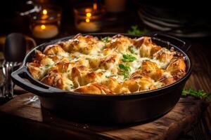 AI generated Delicious chicken pot pie with flaky crust and fresh vegetables for restaurant menu photo