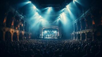 AI generated Rear view of spectators cheering and dancing in a packed concert hall environment photo