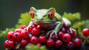 AI generated Red eyed treefrog in natural habitat with copy space for text, wildlife photography photo