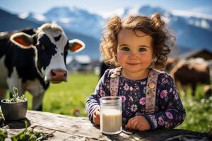 AI generated Child drinking milk in beautiful alpine meadow with grazing cows - plenty of space for text photo