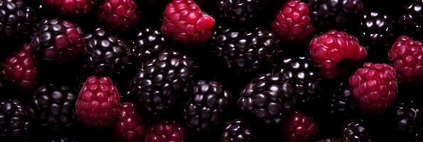 AI generated Ripe and juicy blackberry seamless pattern background banner design for food and beverage marketing photo