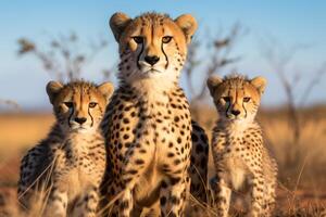 ai generado majestuoso orgullo leopardo con cachorros familia en medio de sereno africano safari paisaje. un cautivador visión en el salvaje. foto