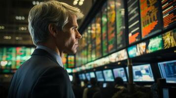 AI generated Successful middle-aged businessman in suit analyzing financial data on multiple stock market screens photo