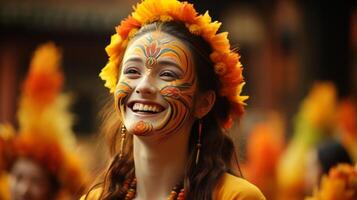 AI generated Traditional faces with colorful makeup smiles, blurred background, culture tradition concept photo