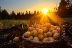 AI generated Bountiful harvest of fresh potatoes gathered in a rustic basket - agriculture and farming concept photo