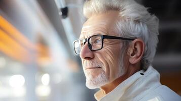 AI generated Portrait of mature male in eyeglasses with blank copy space for text or advertisement photo