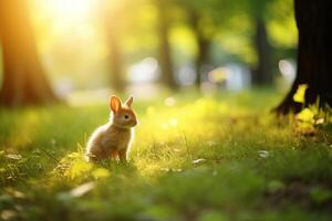 ai generado linda pequeño Conejo sentado en el lozano verde verano césped, Perfecto para agregando tu propio texto o logo foto