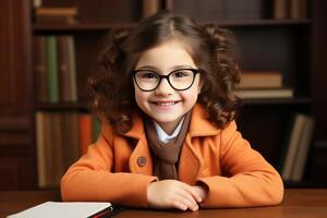 AI generated Happy kid doing homework and smiling with copy space for text and education concepts photo