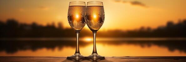 AI generated Elegant champagne glasses on festive bokeh background - perfect banner for celebrations and events photo
