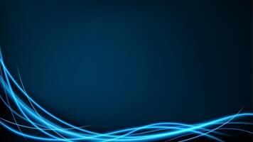 Abstract Blue Wavy Line of Light on Dark Blue Background. Neon Motion Effect Widescreen Ratio, Vector Illustration