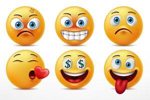 Smiling Faces Emoticon Character Set, Facial Expressions of Cute Yellow Faces in Angry, in Love, Go Mad, and Feeling Sad. 3D Realistic, Vector Illustration