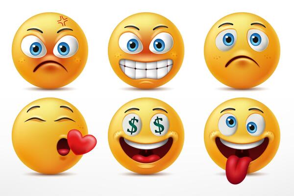 Smiling Faces Emoticon Character Set, Facial Expressions of Cute Yellow Faces in Angry, in Love, Go Mad, and Feeling Sad. 3D Realistic, Vector Illustration
