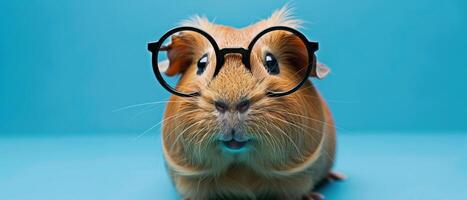 ai generado un humorístico imagen de un linda Guinea cerdo vistiendo científico atuendo con redondo lentes en contra un azul antecedentes. foto