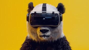 ai generado un panda con un virtual realidad auriculares con hermosa amarillo fondo. foto