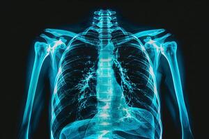 AI generated An X-ray image of the human chest showing the bony structures and the silhouette of the lungs and heart. photo