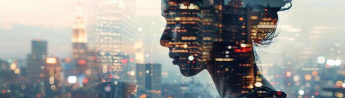 AI generated An artistic double exposure portrait blending a thoughtful womans profile with the dense urban skyline of a city. photo