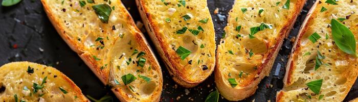 AI generated A Golden toasted slices of garlic bread sprinkled with herbs photo