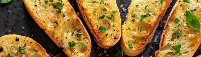 AI generated A Golden toasted slices of garlic bread sprinkled with herbs photo