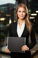 AI generated Professional woman in a suit holding a folder mockup, creating space for text in a vertical photo