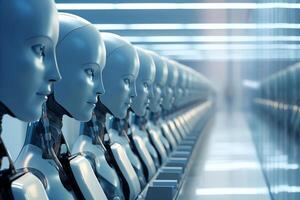 AI generated Row of robots in call center as operators, handling and responding to customer calls efficiently photo