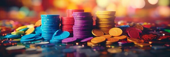 AI generated Colorful casino chips with copy space. Gambling concept for banners and promotions photo