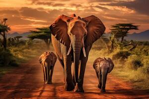 AI generated African elephant family in savannah surrounded by lush greenery and diverse wildlife photo