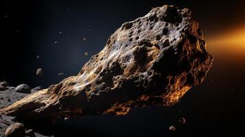 ai generado de cerca Disparo de asteroide superficie reflejando luz de las estrellas, exhibiendo intrincado detalles y textura foto