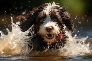AI generated Playful dog happily bathing in the sparkling river - perfect for adding text or captions photo