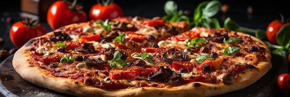 AI generated Savory pizza with fresh herbs and peppers toppings banner, copy space included. photo