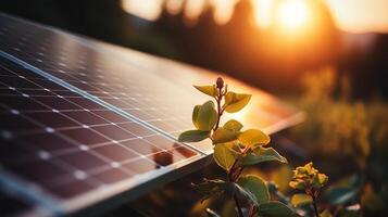 AI generated Solar farm and sun light. Green energy for a sustainable future. Renewable energy source. photo