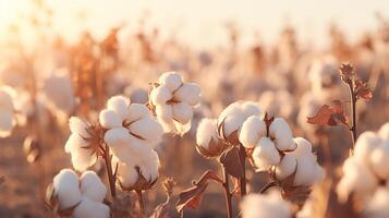 AI generated Organic cotton farm harvest. Sustainable practice with white bolls. Raw material for eco-friendly textile industry. photo