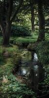 ai generado tranquilo corriente en verde bosque foto