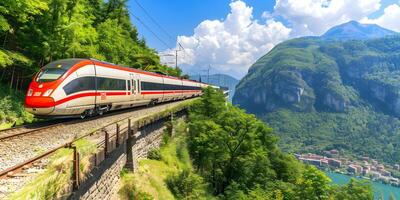 ai generado alta velocidad tren cruce montañoso terreno foto